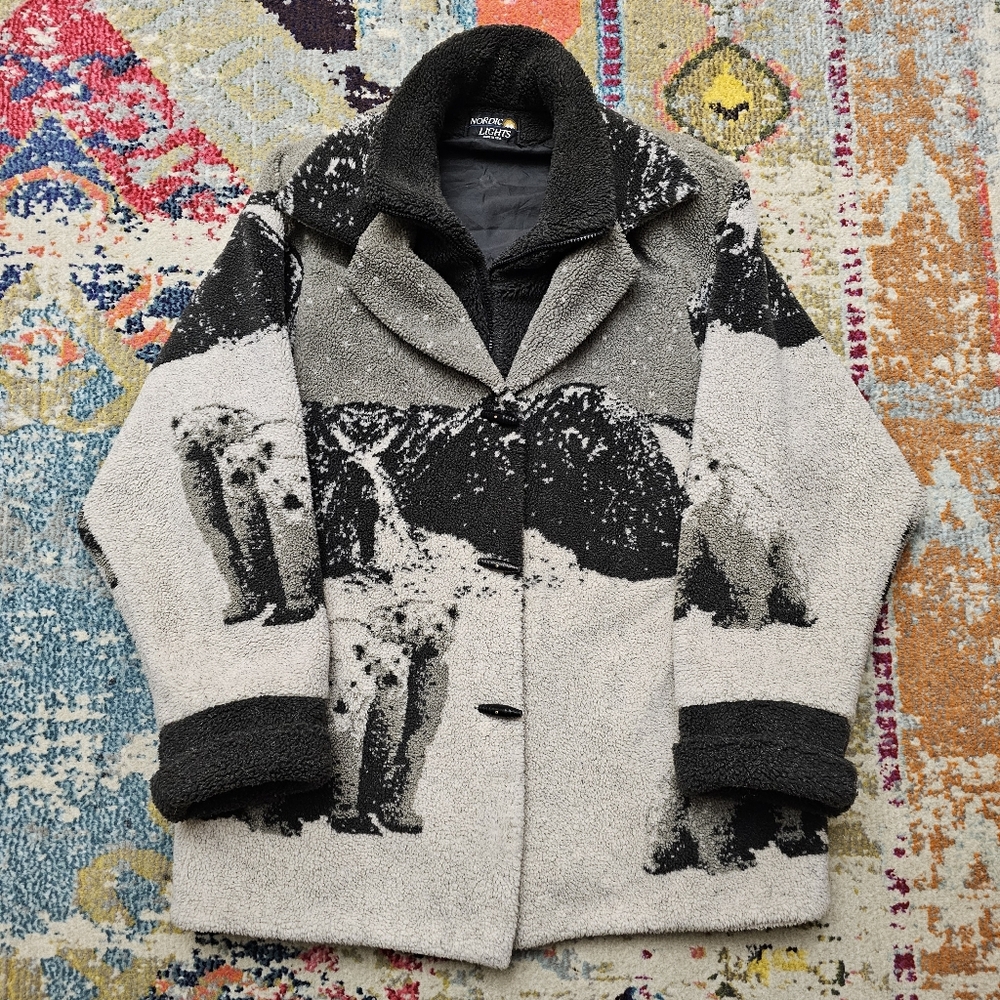 VTG Nordic Lights Oversized Cozy Jacket Coat Womens XL Scenic Polar Bear USA